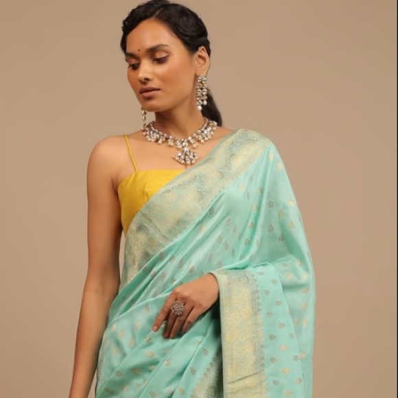 Sky Blue Saree In Dola Silk With Woven Leaf Buttis And Moroccan Weave On Pallu - Picture 1 of 6
